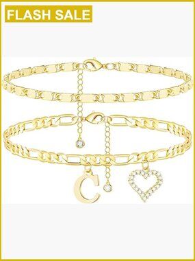 14K Gold Plated Initial Anklet Set - Dainty Figaro Chain with CZ Heart Charm -